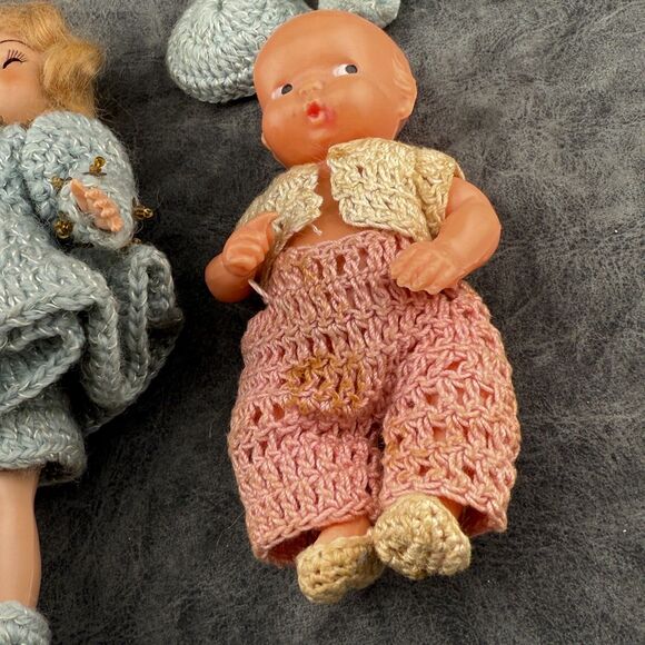 Two (2) Vintage Dolls 7" Girl and 5" Baby Hand Crocheted Dress Clothes AS IS - Picture 7 of 8